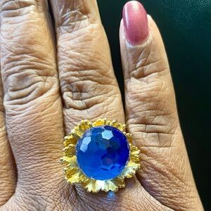 Gold Cocktail Statement Ring w/Large Faceted Blue Sphere Centerpiece. Size 6